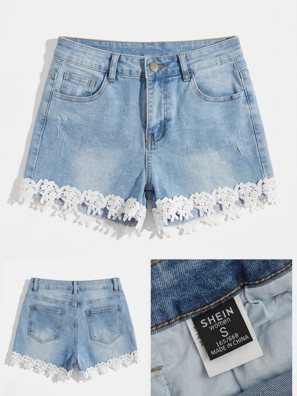 SHEIN Women Light Blue Denim Lace Trim Shorts